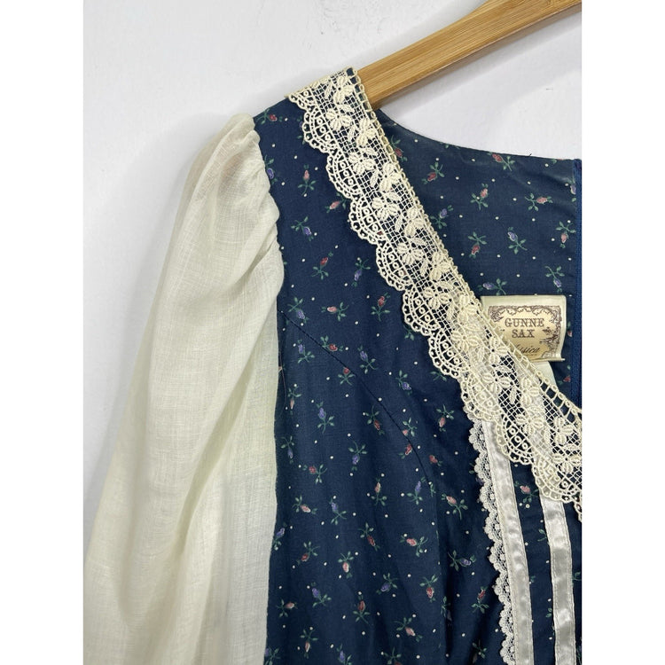 VNTG 1970s GUNNE SAX for Jessica McClintock Ditsy Floral Lace Up Maxi Dress 13