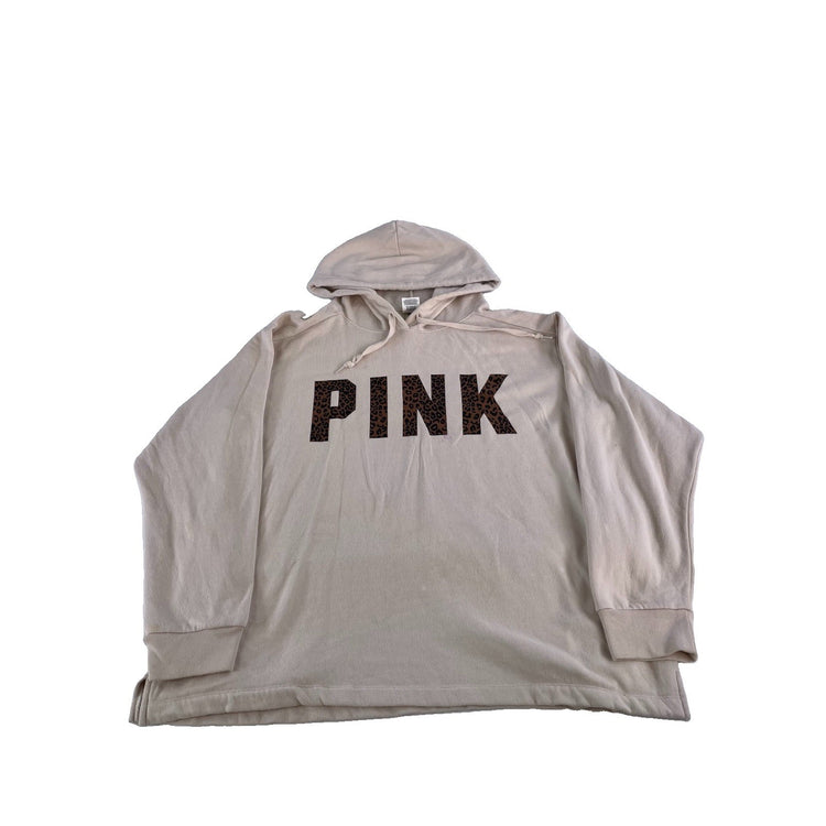 Womens PINK Victoria Secret Hoodie Beige Leopard Print Graphic Pullover Size L