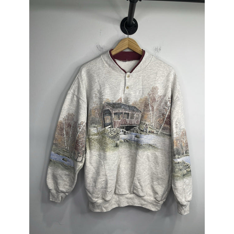 Adult VTG Art Unlimited Sweatshirt Fishing In The River Nature Grey 90s Sz XL