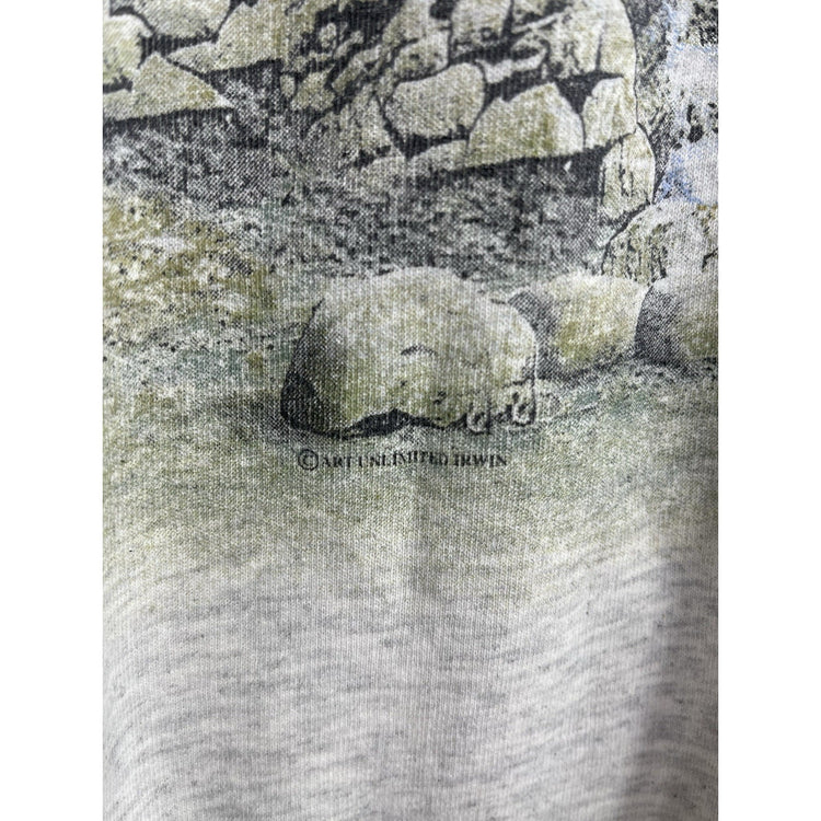 Adult VTG Art Unlimited Sweatshirt Fishing In The River Nature Grey 90s Sz XL