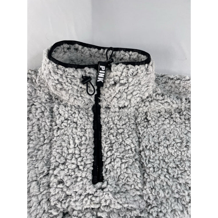 Womens PINK Victorias Secret Gray Faux Fur Quarter Zip Sweater Size Medium