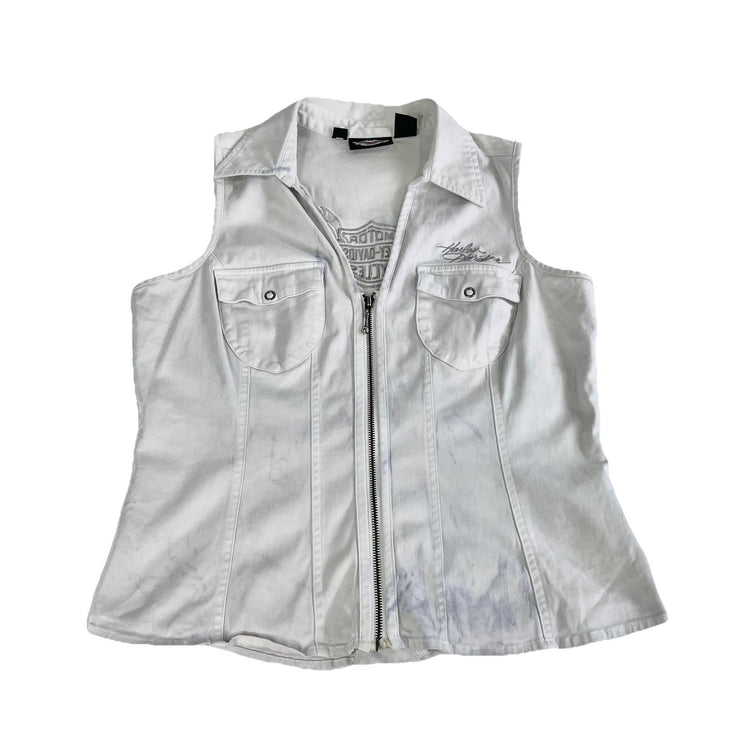 Womens Harley Davidson Full Zip Denim White Vest Top Size L