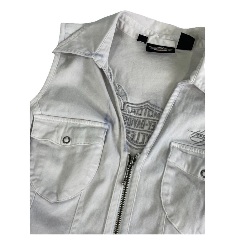 Womens Harley Davidson Full Zip Denim White Vest Top Size L