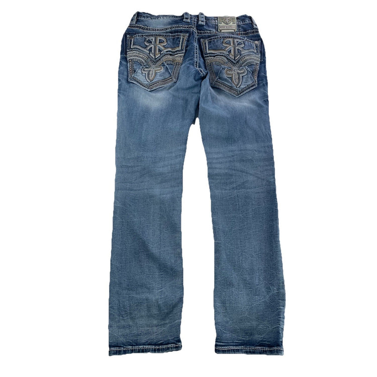 Mens Rock Revival Garrrie Slim Straight Blue Jeans Size 34