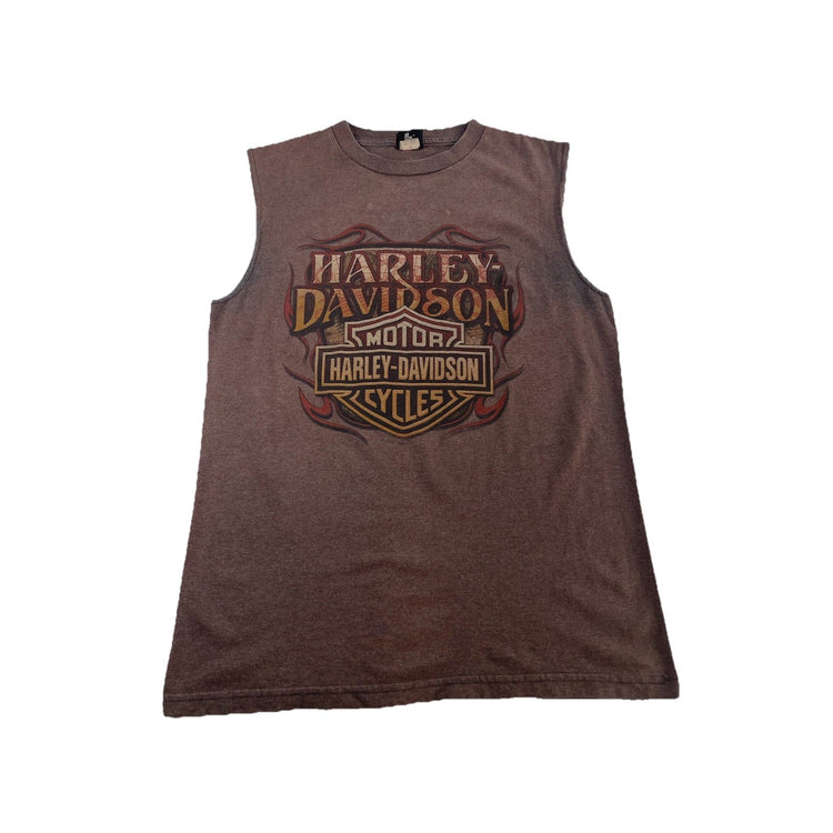 Mens Y2K Harley Davidson Brown Mancuso Central Sleeveless Shirt Size Medium