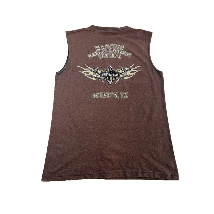 Mens Y2K Harley Davidson Brown Mancuso Central Sleeveless Shirt Size Medium