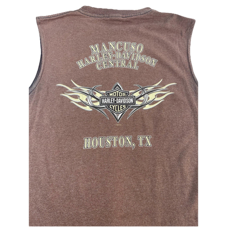 Mens Y2K Harley Davidson Brown Mancuso Central Sleeveless Shirt Size Medium