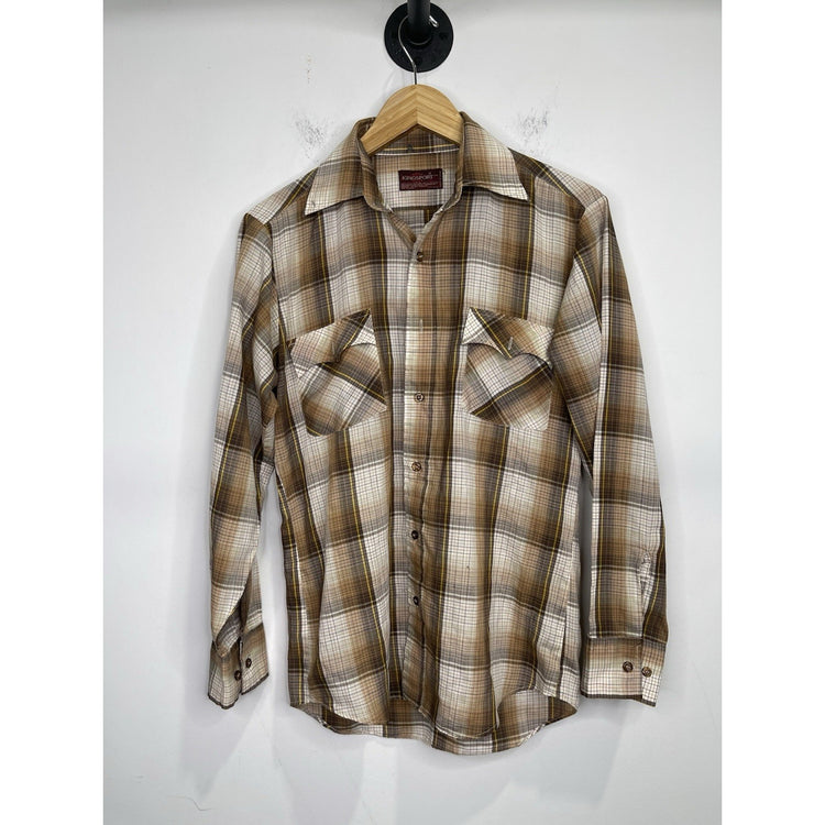 Kingsport Shirt Mens Small Brown Plaid Flannel Button Up Long Sleeve 70s Vintage