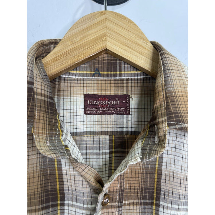 Kingsport Shirt Mens Small Brown Plaid Flannel Button Up Long Sleeve 70s Vintage