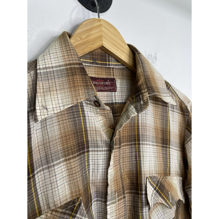 Kingsport Shirt Mens Small Brown Plaid Flannel Button Up Long Sleeve 70s Vintage