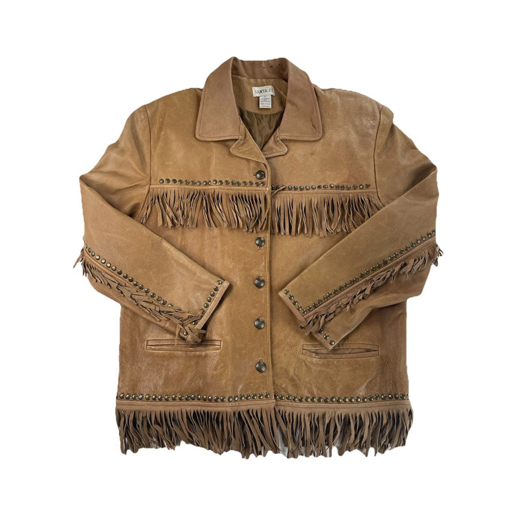 Men’s Vintage Santa Fe Brown Leather Fringe Studded Jacket Size M