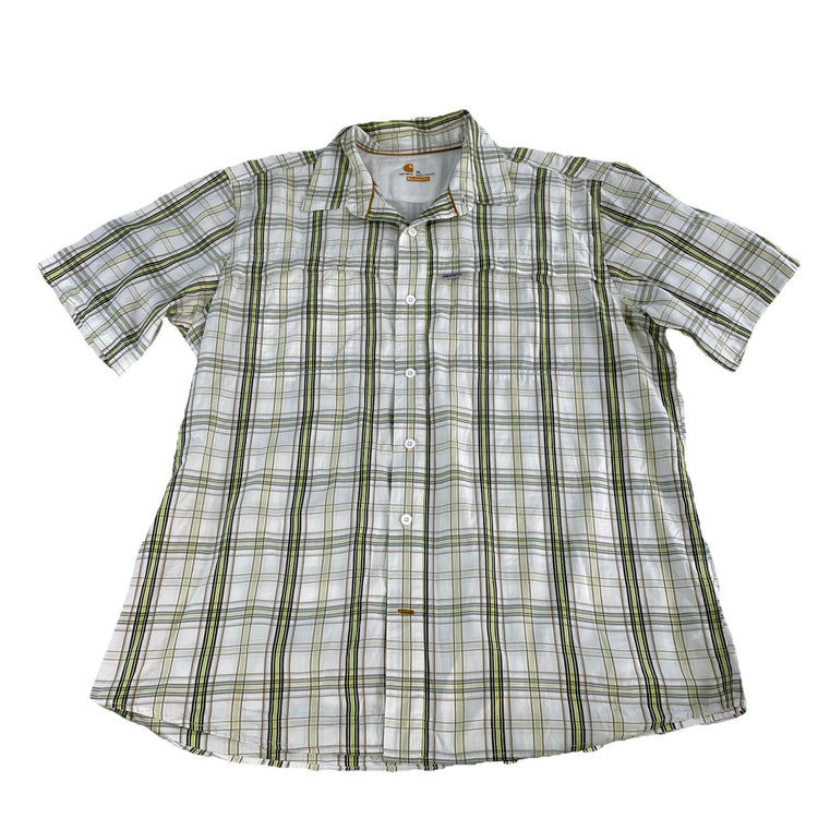 Mens Carhartt Relaxed Fit White & Green Plaid Button Down Shirt Size XL
