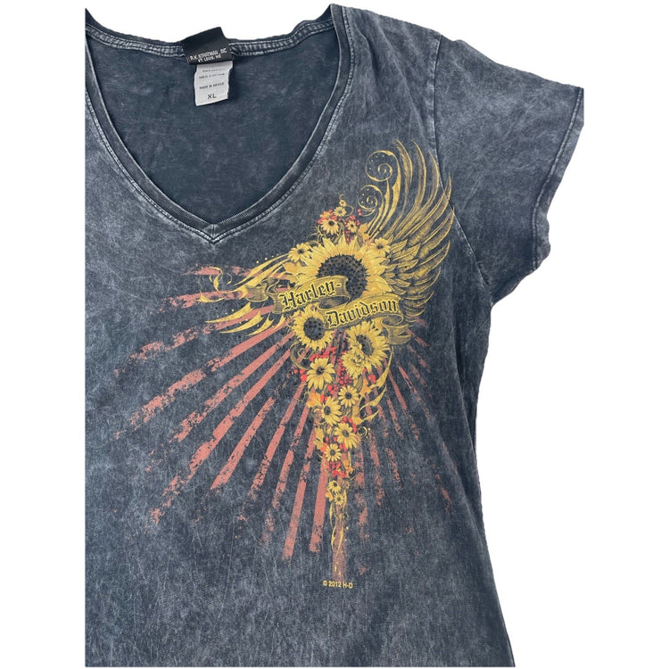 Womens Harley Davidson Grey Sunflower V Neck T Shirt Size XL