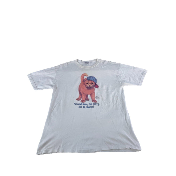 Mens Vintage 1990s Bob Harrison White Cat Graphic T Shirt Size XL