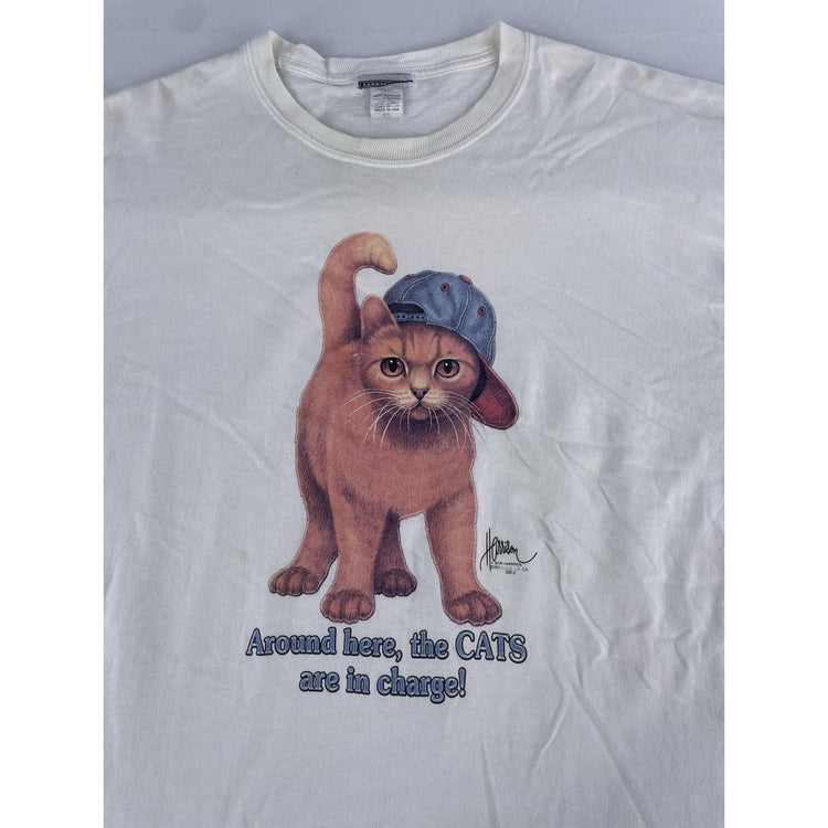 Mens Vintage 1990s Bob Harrison White Cat Graphic T Shirt Size XL