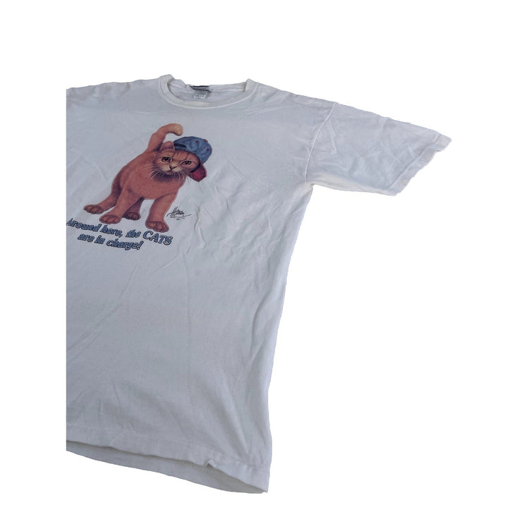 Mens Vintage 1990s Bob Harrison White Cat Graphic T Shirt Size XL