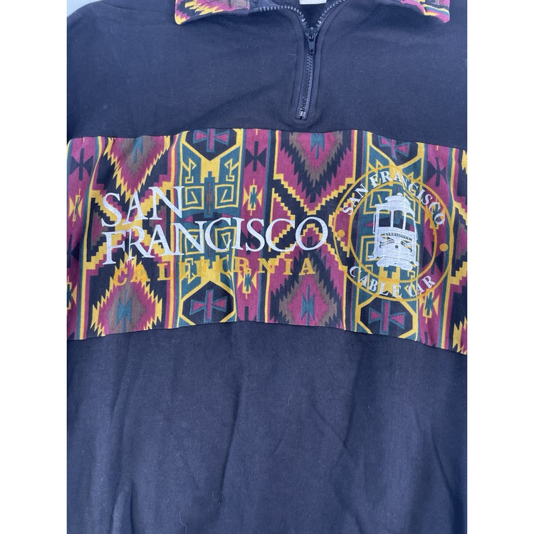 Mens San Francisco Black Cable Car Navajo Pattern Quarter Zip Sweater Size Large