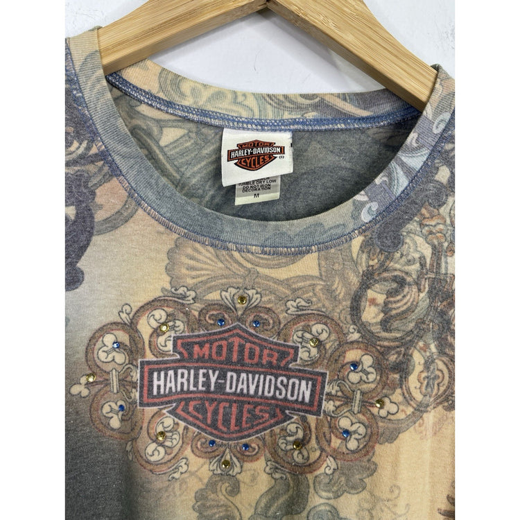 Women’s Y2k Rhinstone Harley Davidson Thin Sleeve T-shirt Sz Medium