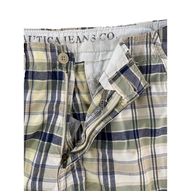 Mens Nautica Jeans Co Green Navy Plaid Multi Pocket Casual Cargo Shorts SIZE 32