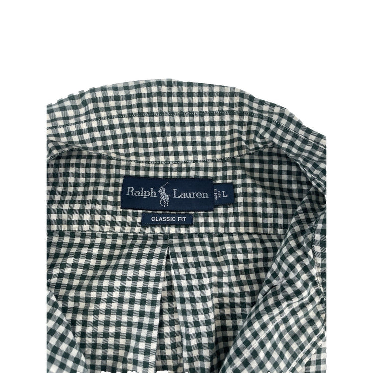 Mens Polo Ralph Lauren Green & White Gingham Check Pattern Collared Shirt Size L