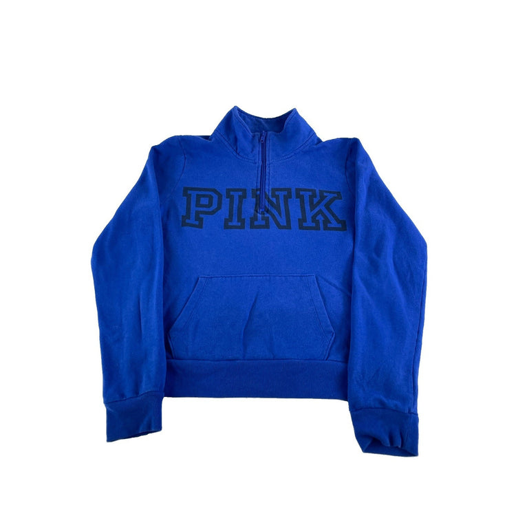 Womens PINK Victoria Secret 1/2 Zip Blue Sweatshirt Black Logo Size M