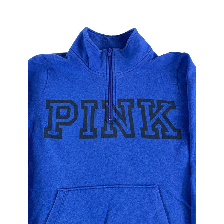 Womens PINK Victoria Secret 1/2 Zip Blue Sweatshirt Black Logo Size M