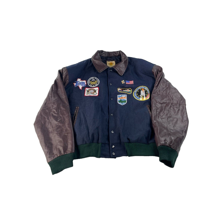 Mens Vintage Hard Rock Cafe Patched Leather Sleeve Varsity Jacket XL