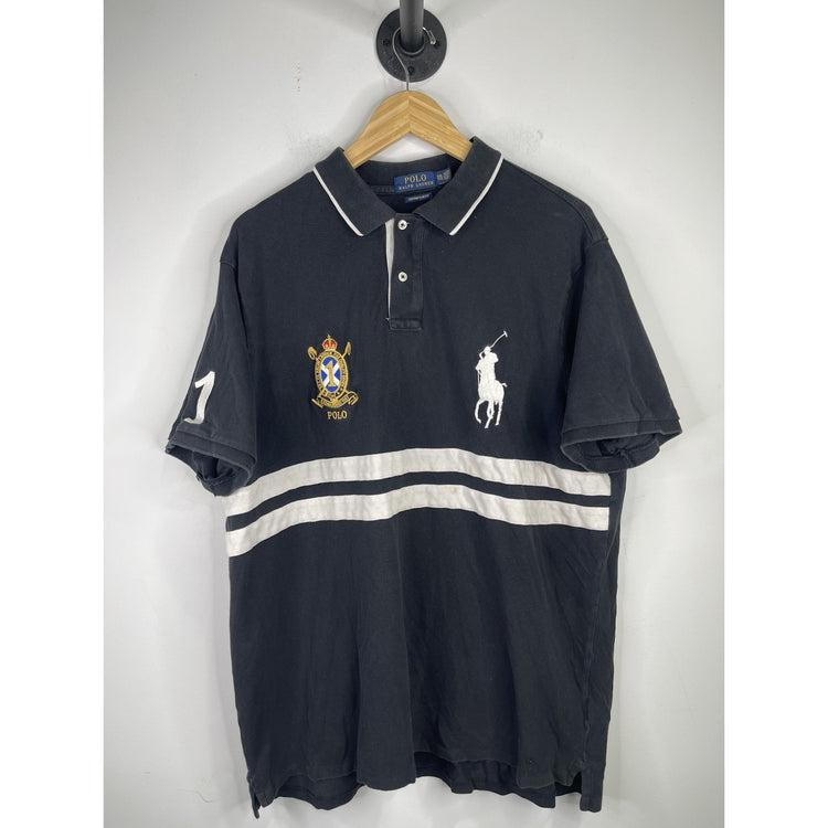 Men’s Polo Ralph Lauren Big Pony Polo Shirt Black Crest Striped Logo USA Sz XXL