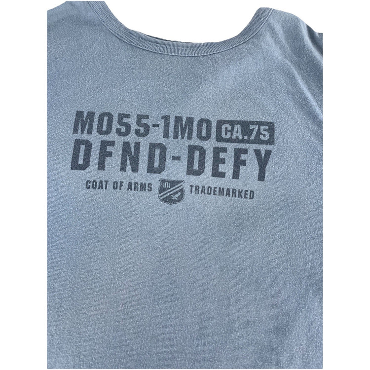 Mens Vintage Mossimo Light Blue Coat Of Arms ‘DFND-DEFY’ T Shirt Size L