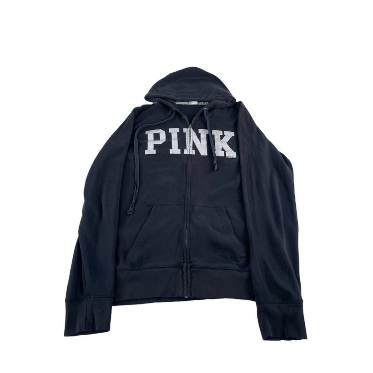 Womens PINK Victoria Secret White Logo Full Zip Jacket Black Size L