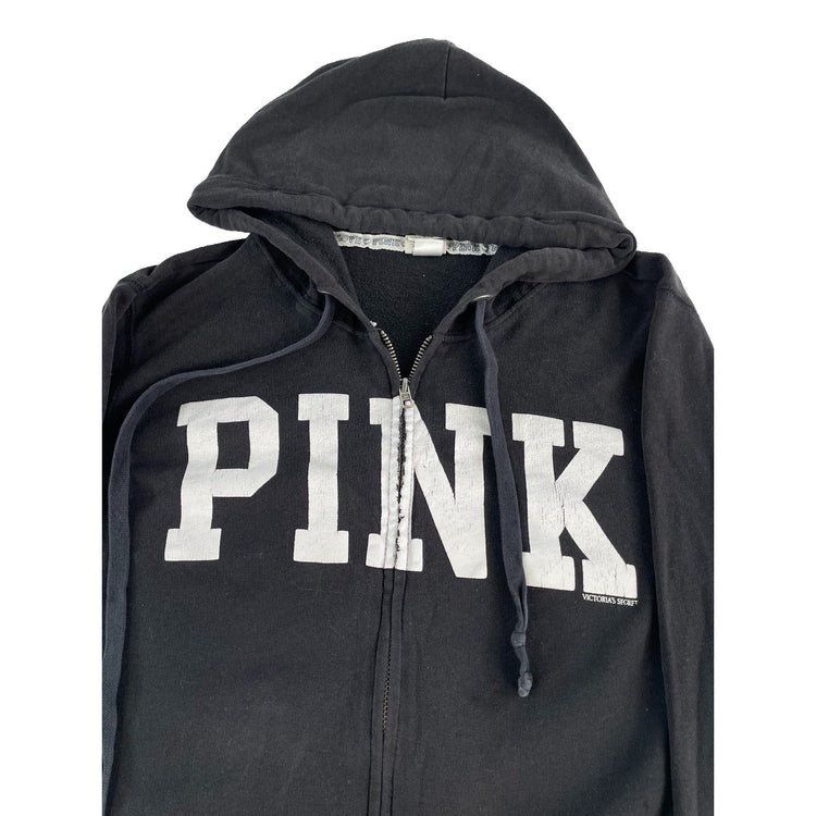 Womens PINK Victoria Secret White Logo Full Zip Jacket Black Size L
