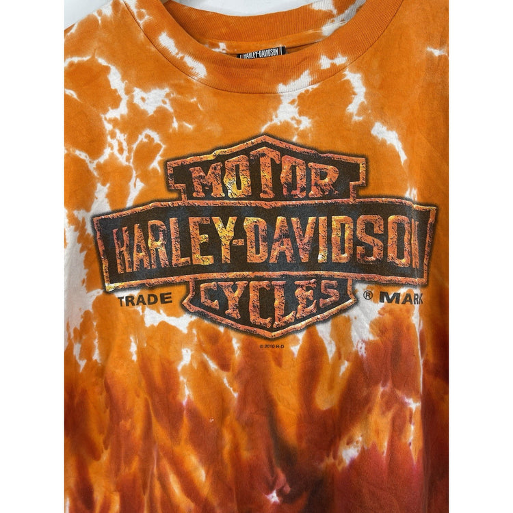 Men’s Harley Davidson Motor Cycles Orange Fire Smoke Flame Tie Dye Shirt Sz L