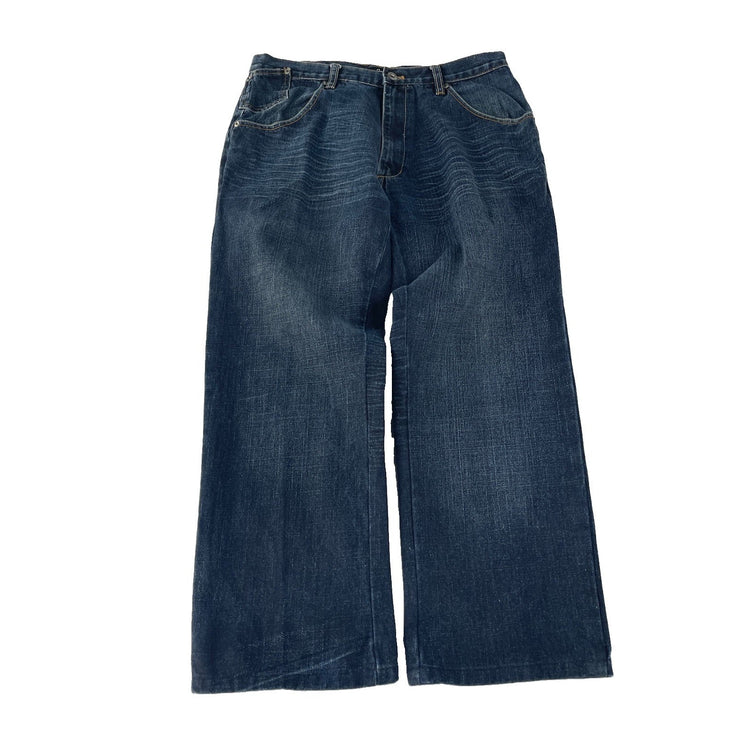 Mens Vintage Sean John Dark Wash Whisker Wide Leg Baggy Jeans SIZE 32
