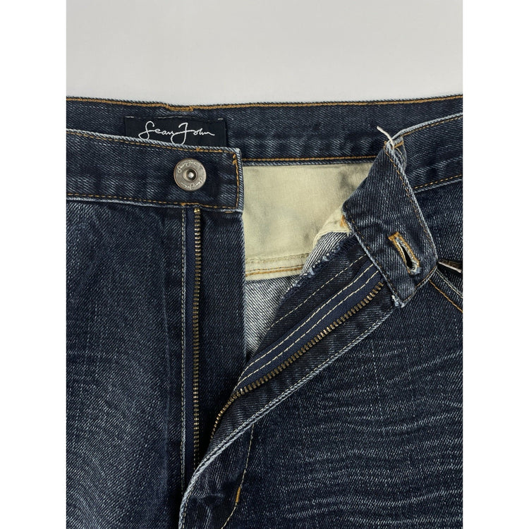 Mens Vintage Sean John Dark Wash Whisker Wide Leg Baggy Jeans SIZE 32