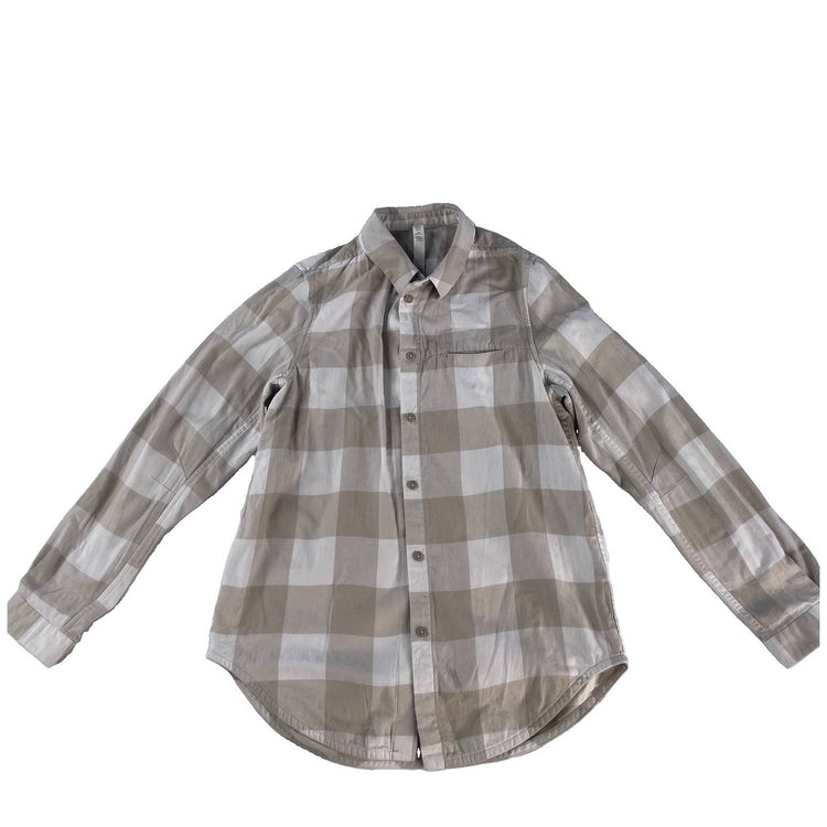 Womens Lululemon Tan White Buffalo Plaid Cotton Flannel Button Down Shirt SIZE 4