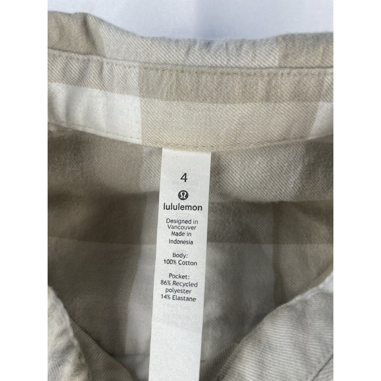 Womens Lululemon Tan White Buffalo Plaid Cotton Flannel Button Down Shirt SIZE 4