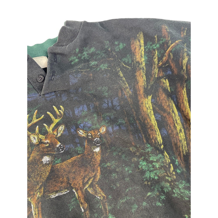 Mens Vintage Art Unlimited Deer Forest Graphic Henley Sweatshirt XL
