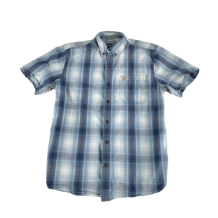 Mens Carhartt Relaxed Fit Blue & Gray Plaid Short Sleeve Button Up Size XL