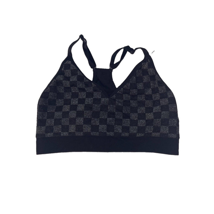 Women’s PINK Active Black & Gray Checkered Sports Bra Size XL