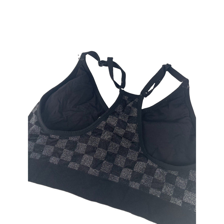 Women’s PINK Active Black & Gray Checkered Sports Bra Size XL