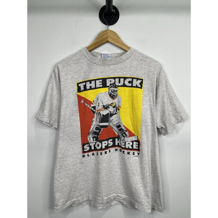 Vintage Mens “The Puck Stops Here” Blazers Hockey Grey T-shirt Size L