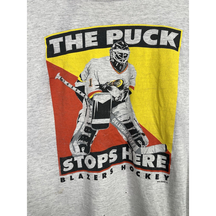 Vintage Mens “The Puck Stops Here” Blazers Hockey Grey T-shirt Size L