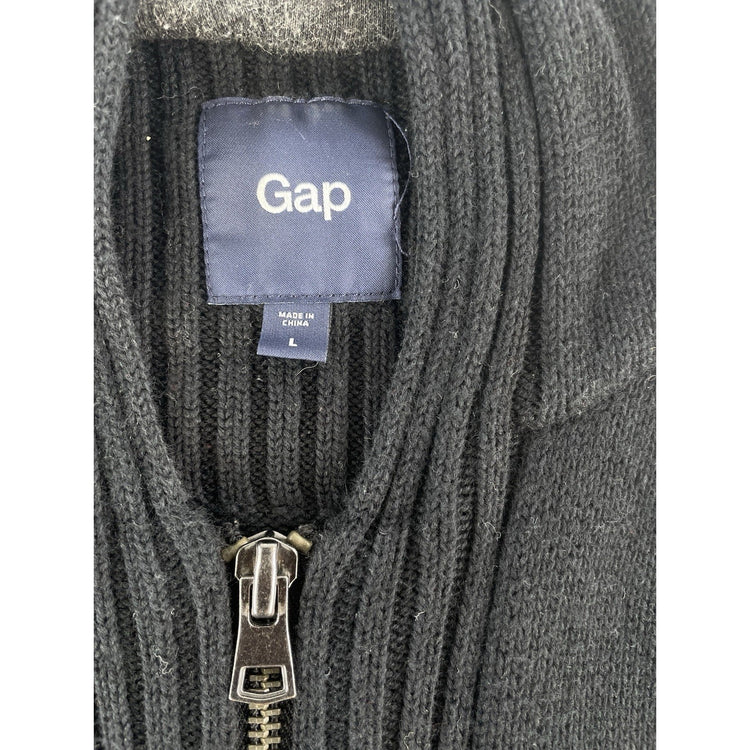 Men’s Gap Black Full-Zip Hooded Sweater Ribbed Knit Size L