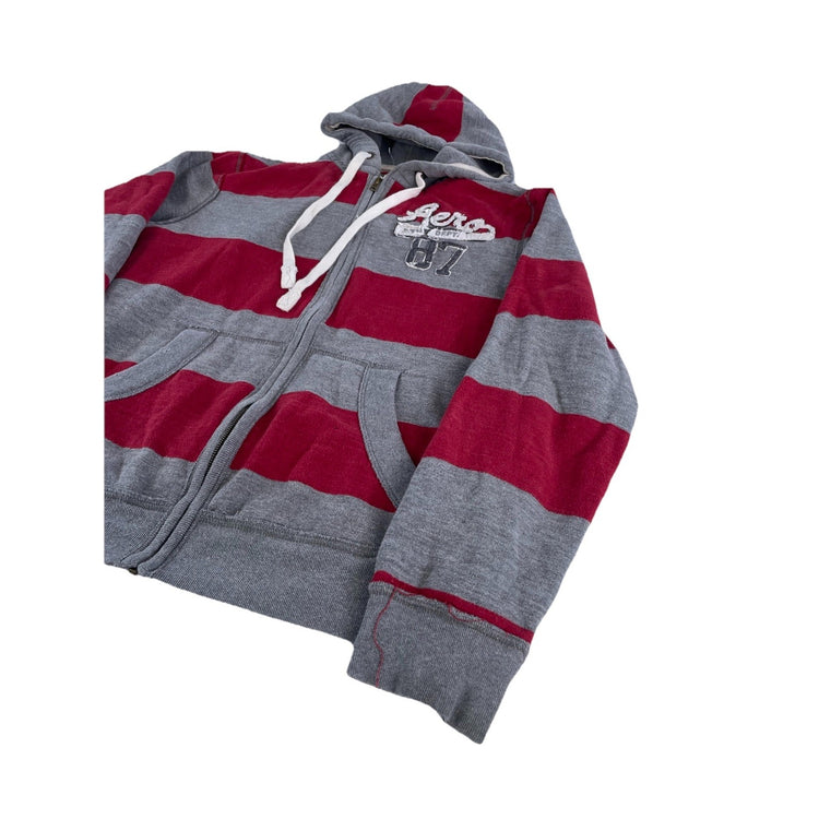 Mens Y2K Aeropostale Red And Gray Striped Zip Up Jacket Size XL