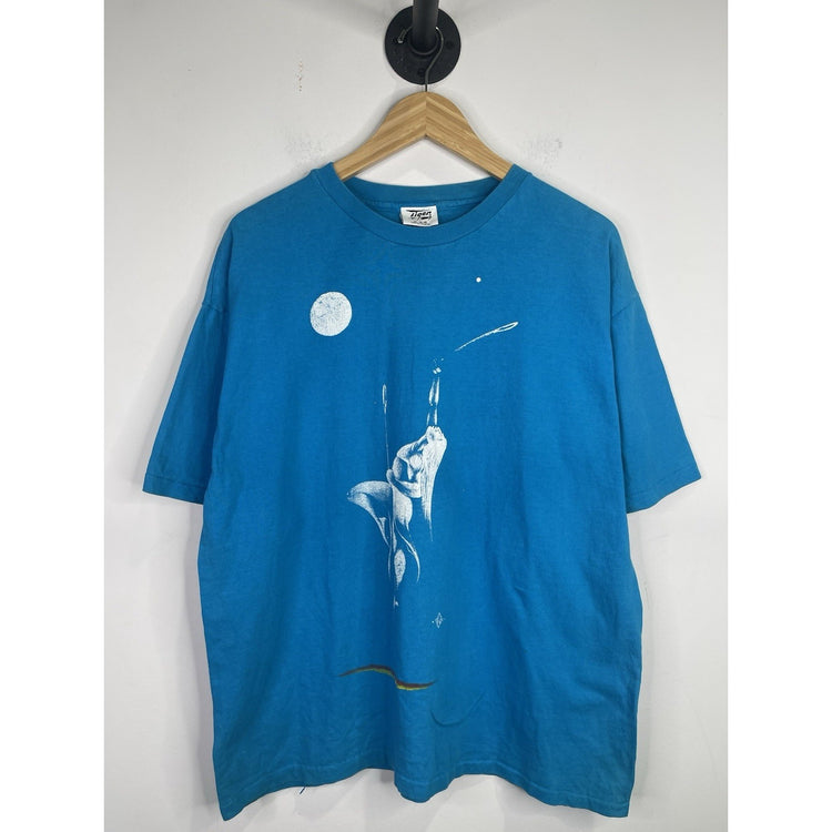 Vintage 80's Female Native American Lacrosse Athlete Mid Air Blue T-Shirt Size X-Large