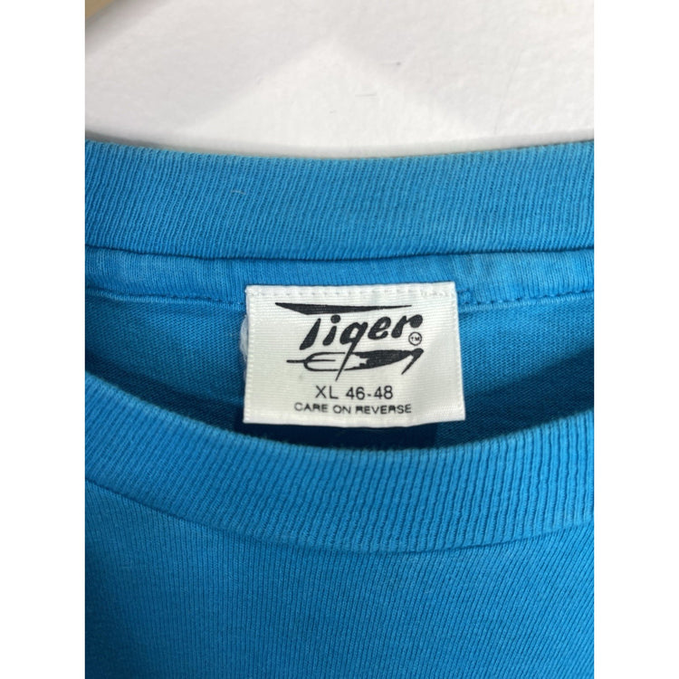 Vintage 80's Female Native American Lacrosse Athlete Mid Air Blue T-Shirt Size X-Large