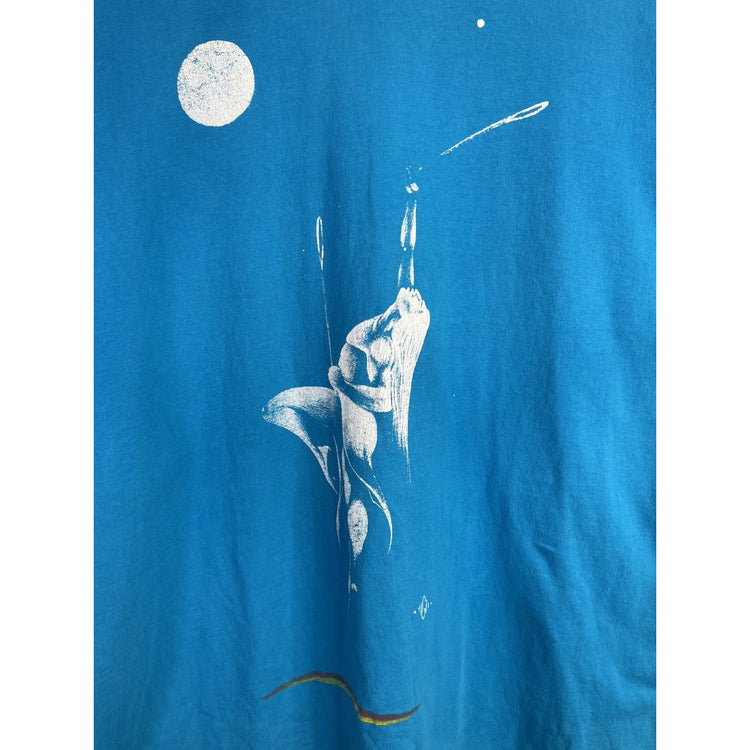 Vintage 80's Female Native American Lacrosse Athlete Mid Air Blue T-Shirt Size X-Large