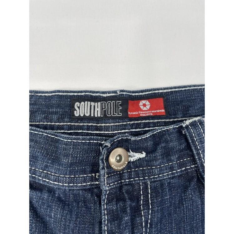 Unisex Y2K Dark Wash And Red Contrast Southpole Baggy Shorts 20x12