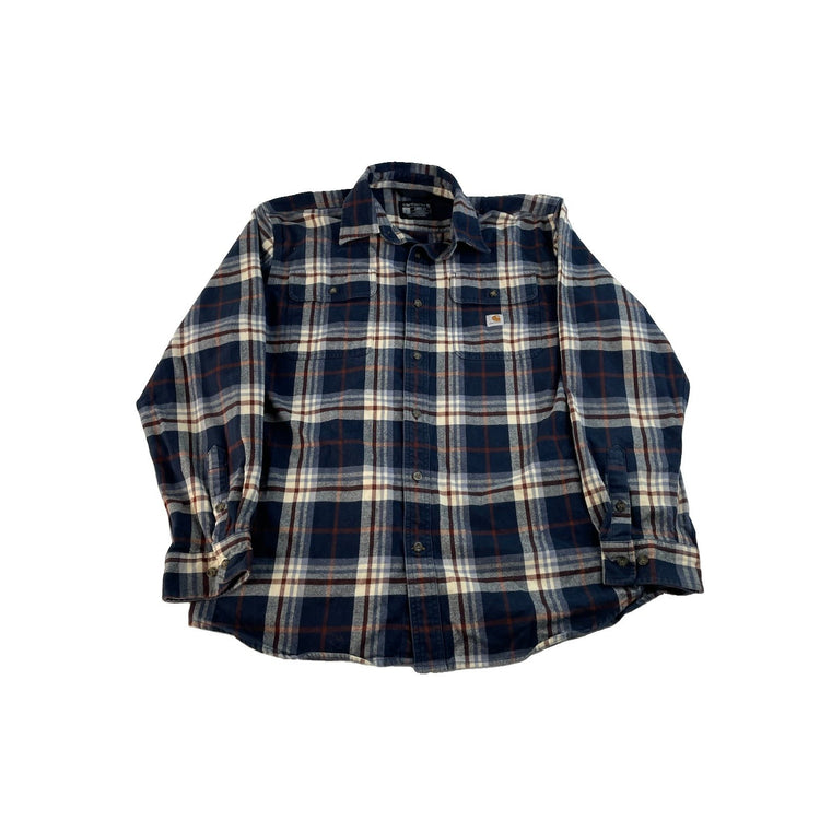 Mens Carhartt Navy Blue & White Plaid Loose Fit Button Up Shirt Size Large