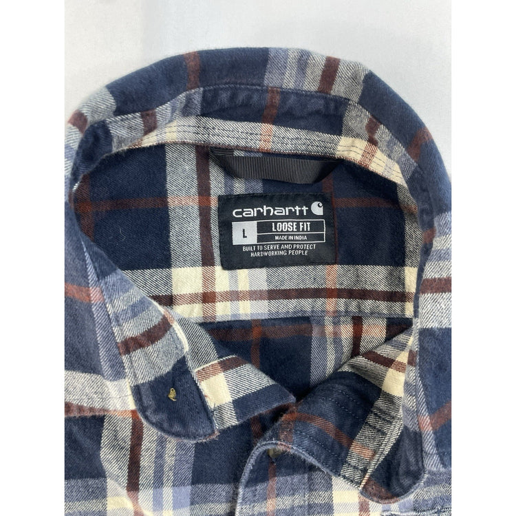 Mens Carhartt Navy Blue & White Plaid Loose Fit Button Up Shirt Size Large